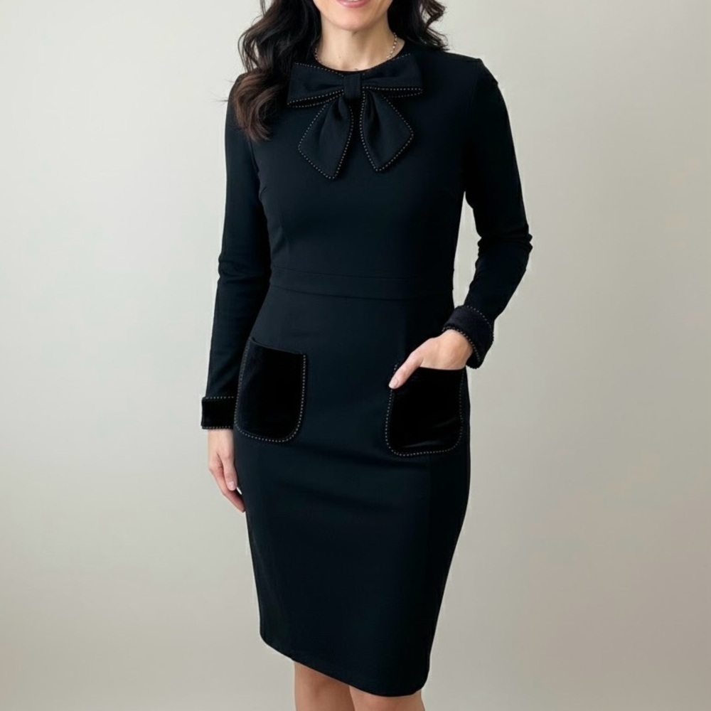 LEO & UGO BNWT Little Black Dress Bow Neck, Velvet Pockets Beaded Party Glam